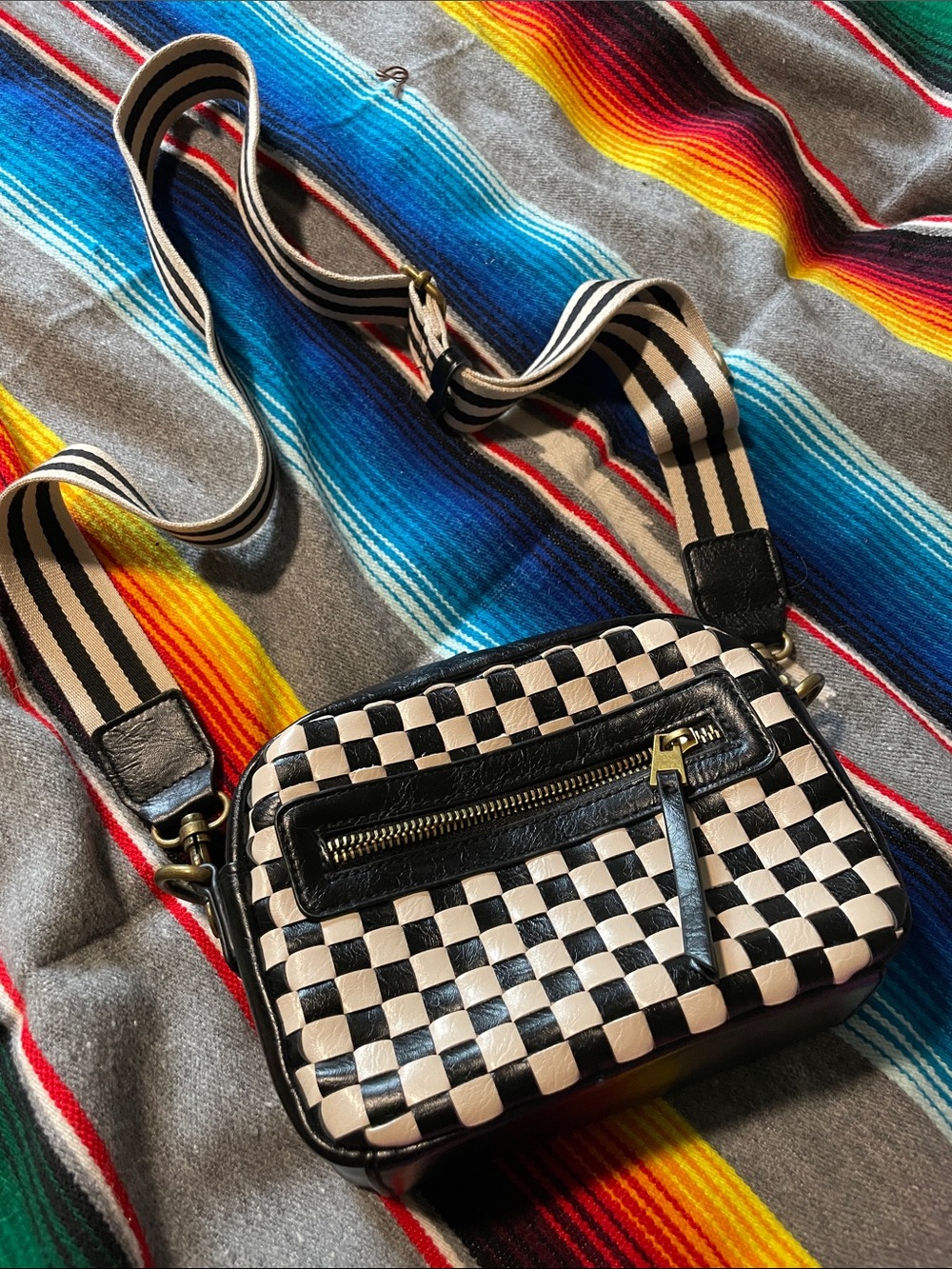 Universal Thread Black & Cream Checkerboard Crossbody with Striped Strap